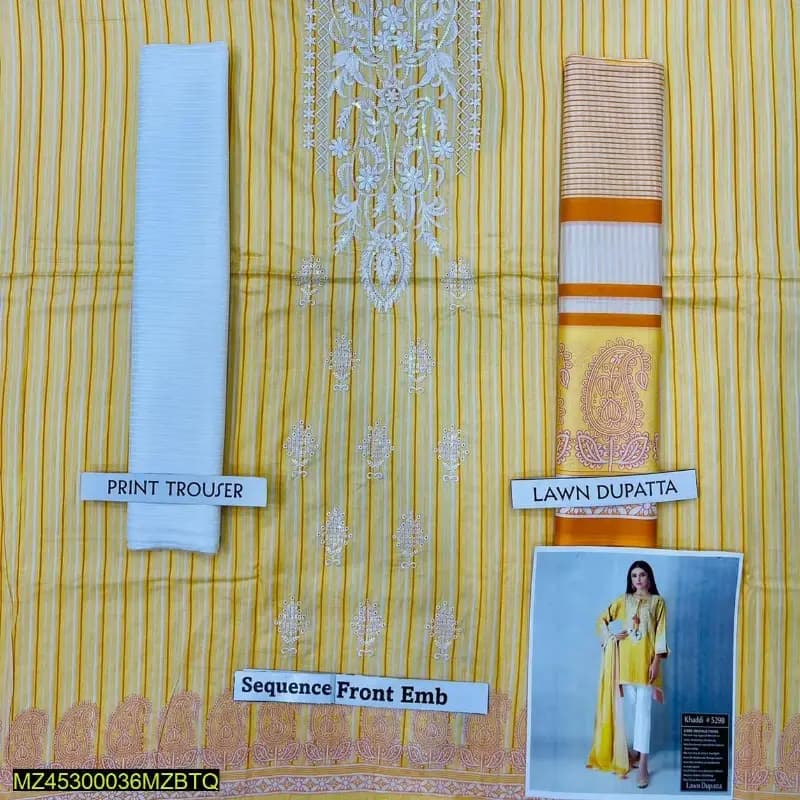 3 Pcs Women's Unstitched Lawn Embroidered Suit